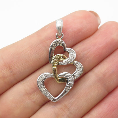 925 Sterling Silver 2-Tone Real Diamond "Love Hope Faith" Triple Heart Pendant