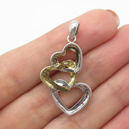 925 Sterling Silver 2-Tone Real Diamond "Love Hope Faith" Triple Heart Pendant