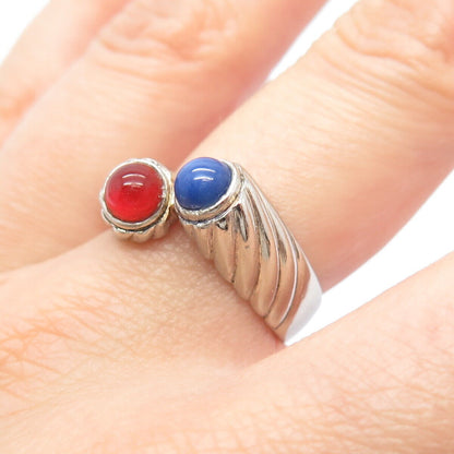 925 Sterling Silver Vintage Carnelian & Faux Star Sapphire Bypass Ring Size 7.25