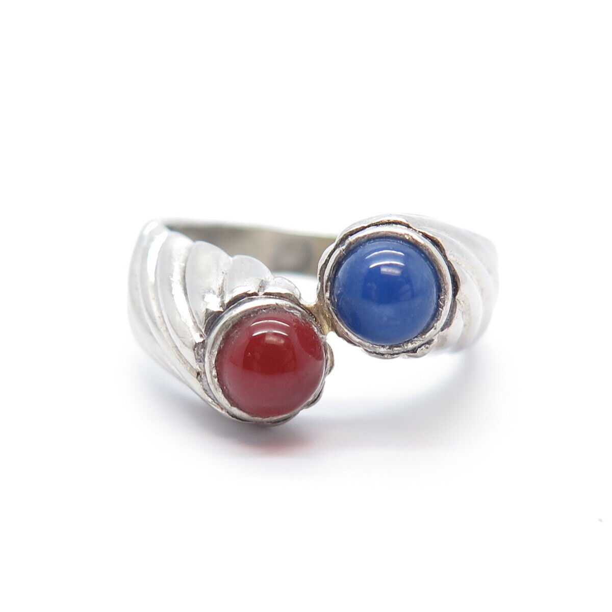 925 Sterling Silver Vintage Carnelian & Faux Star Sapphire Bypass Ring Size 7.25