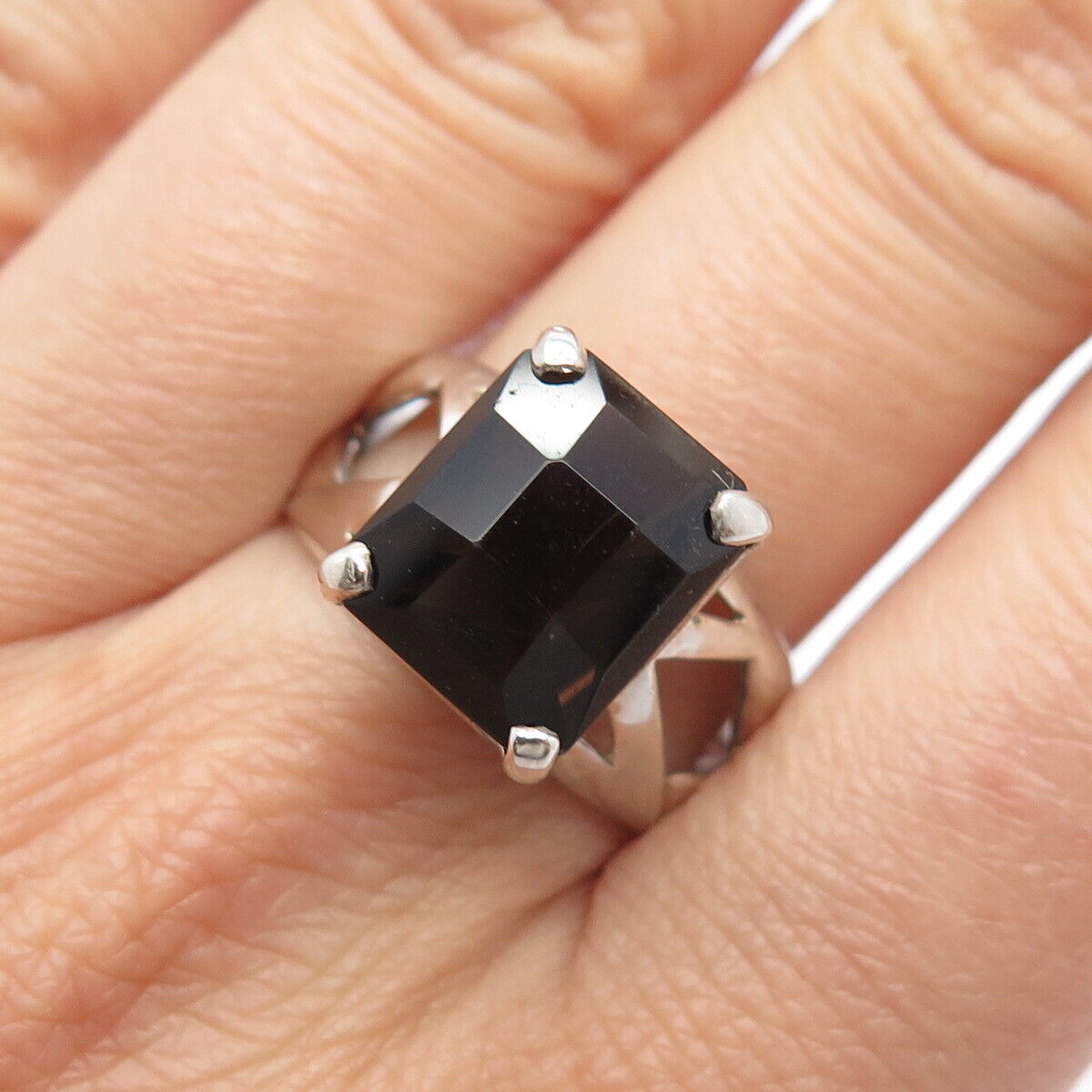 925 Sterling Silver Vintage Real Smoky Quartz Cutout Square Ring Size 9.25