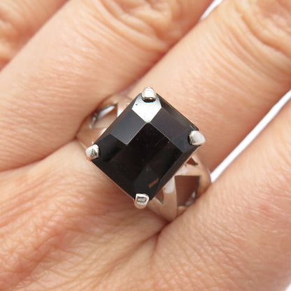 925 Sterling Silver Vintage Real Smoky Quartz Cutout Square Ring Size 9.25