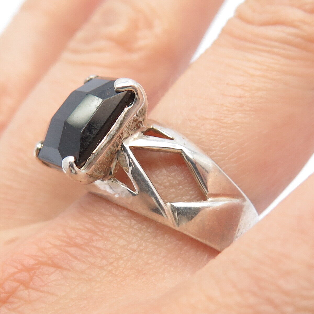 925 Sterling Silver Vintage Real Smoky Quartz Cutout Square Ring Size 9.25