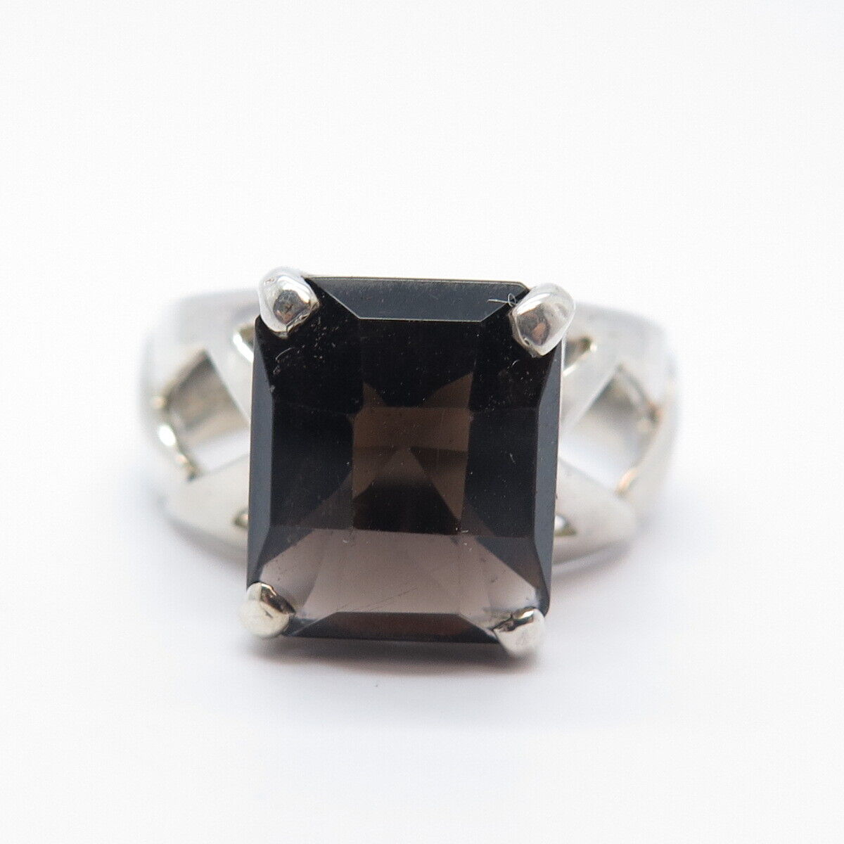 925 Sterling Silver Vintage Real Smoky Quartz Cutout Square Ring Size 9.25