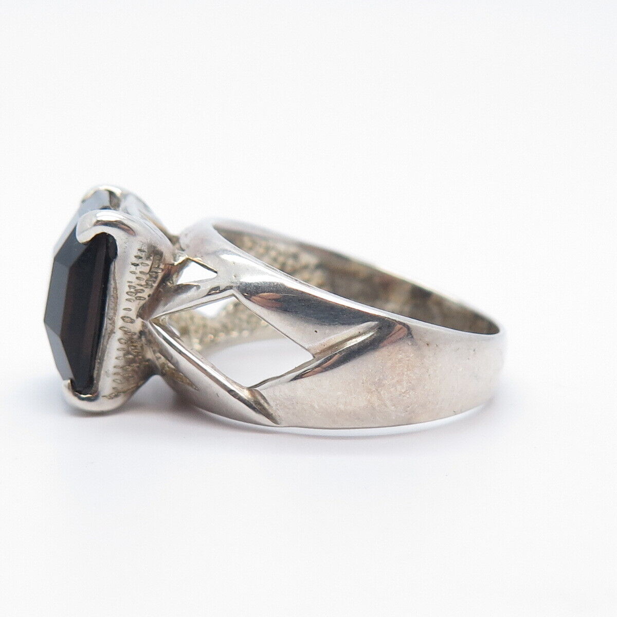925 Sterling Silver Vintage Real Smoky Quartz Cutout Square Ring Size 9.25