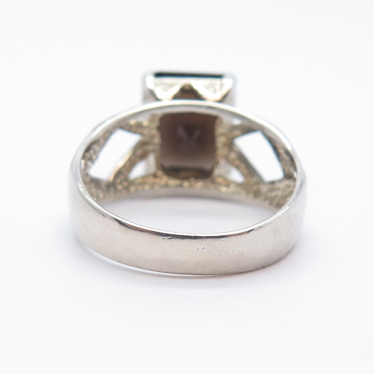 925 Sterling Silver Vintage Real Smoky Quartz Cutout Square Ring Size 9.25