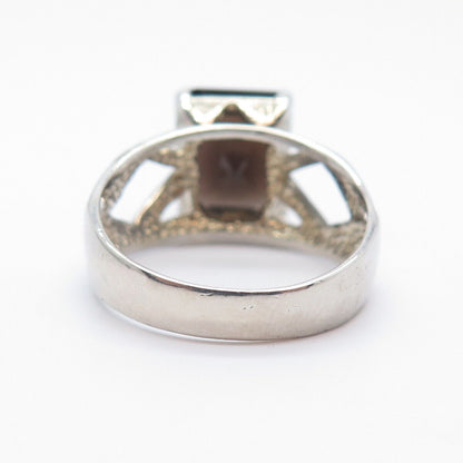 925 Sterling Silver Vintage Real Smoky Quartz Cutout Square Ring Size 9.25