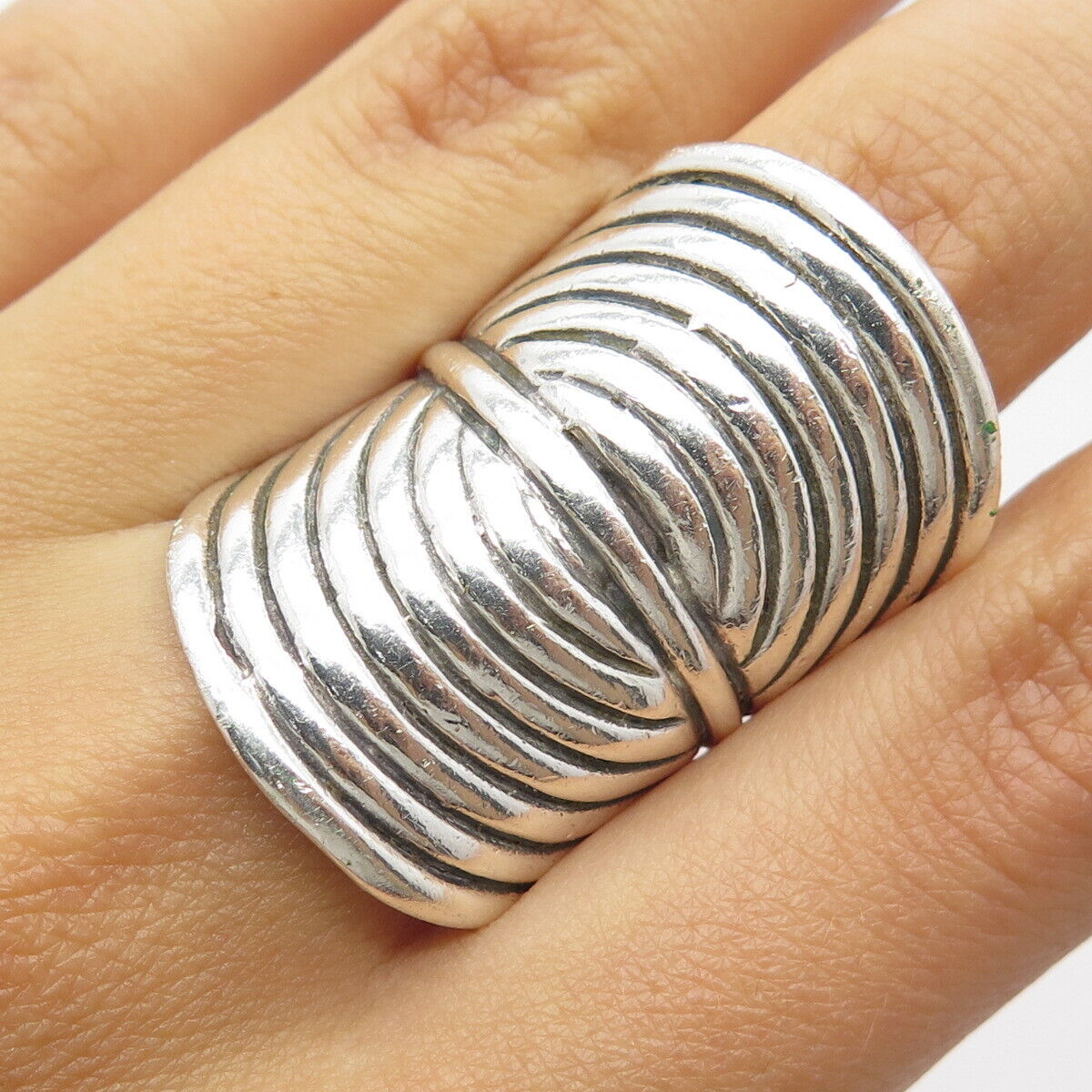 925 Sterling Silver Vintage Striped Modernist Statement Ring Size 8.75