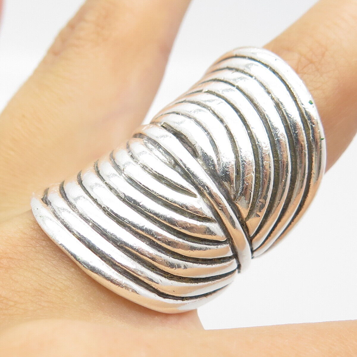 925 Sterling Silver Vintage Striped Modernist Statement Ring Size 8.75