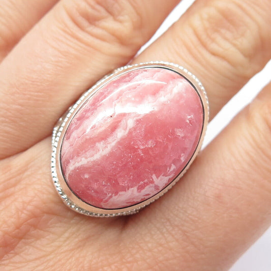 925 Sterling Silver Vintage Real Rhodochrosite Gem Ornate Oval Ring Size 7