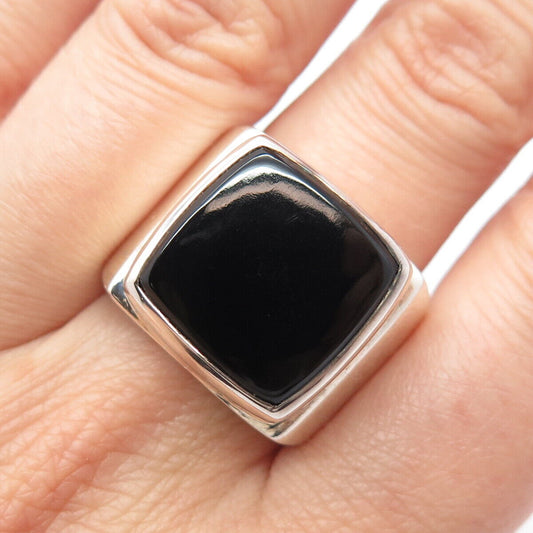 925 Sterling Silver Vintage Real Black Onyx Gem Square Signet Ring Size 9.25