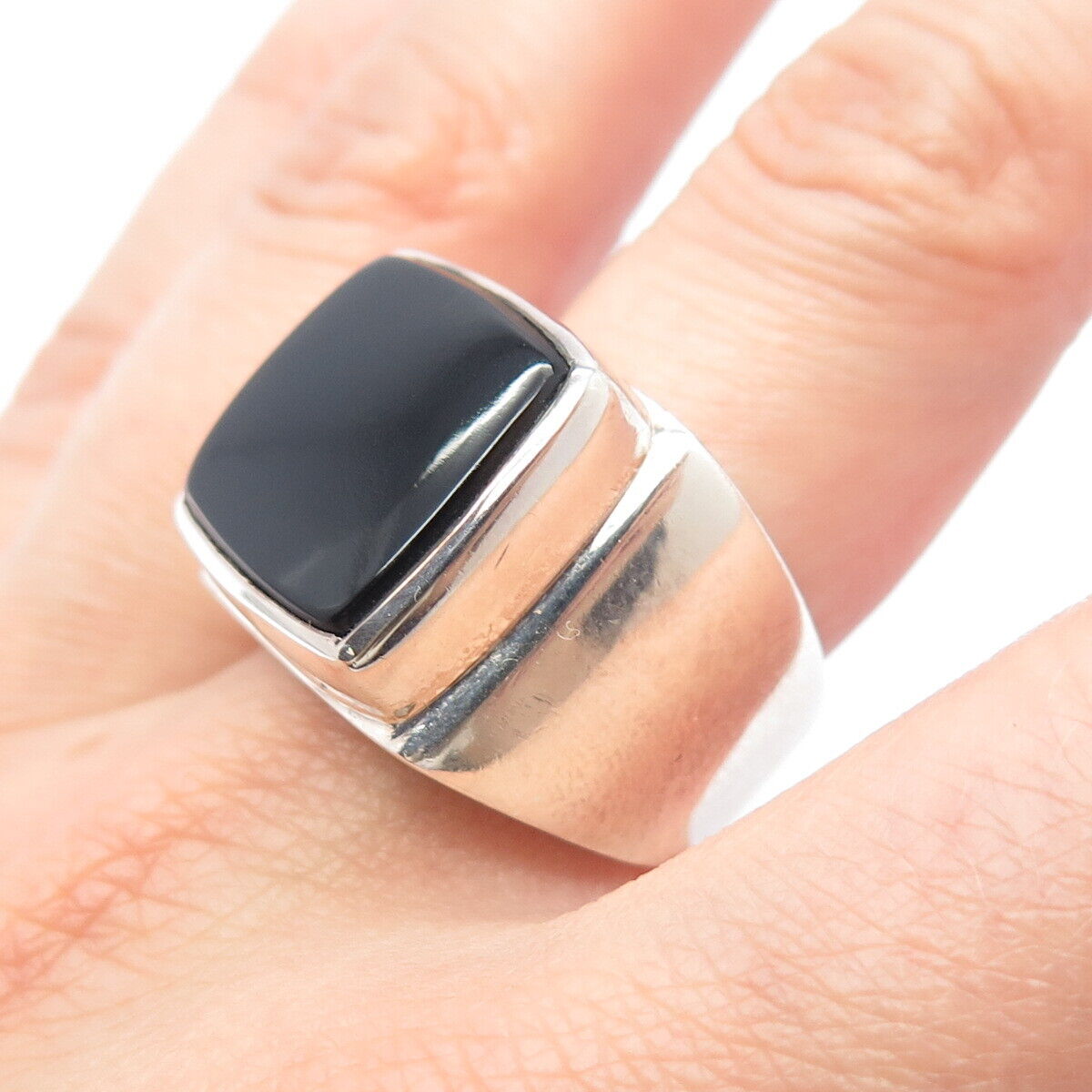 925 Sterling Silver Vintage Real Black Onyx Gem Square Signet Ring Size 9.25