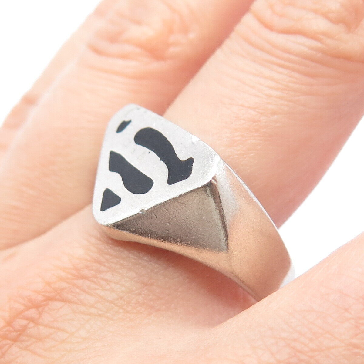 925 Sterling Silver Vintage Enamel Triangle Signet Ring Size 13.25