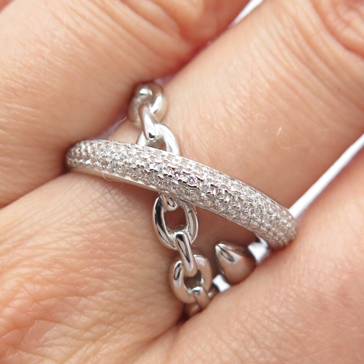 925 Sterling Silver Pave C Z Chain Crossover Ring Size 7