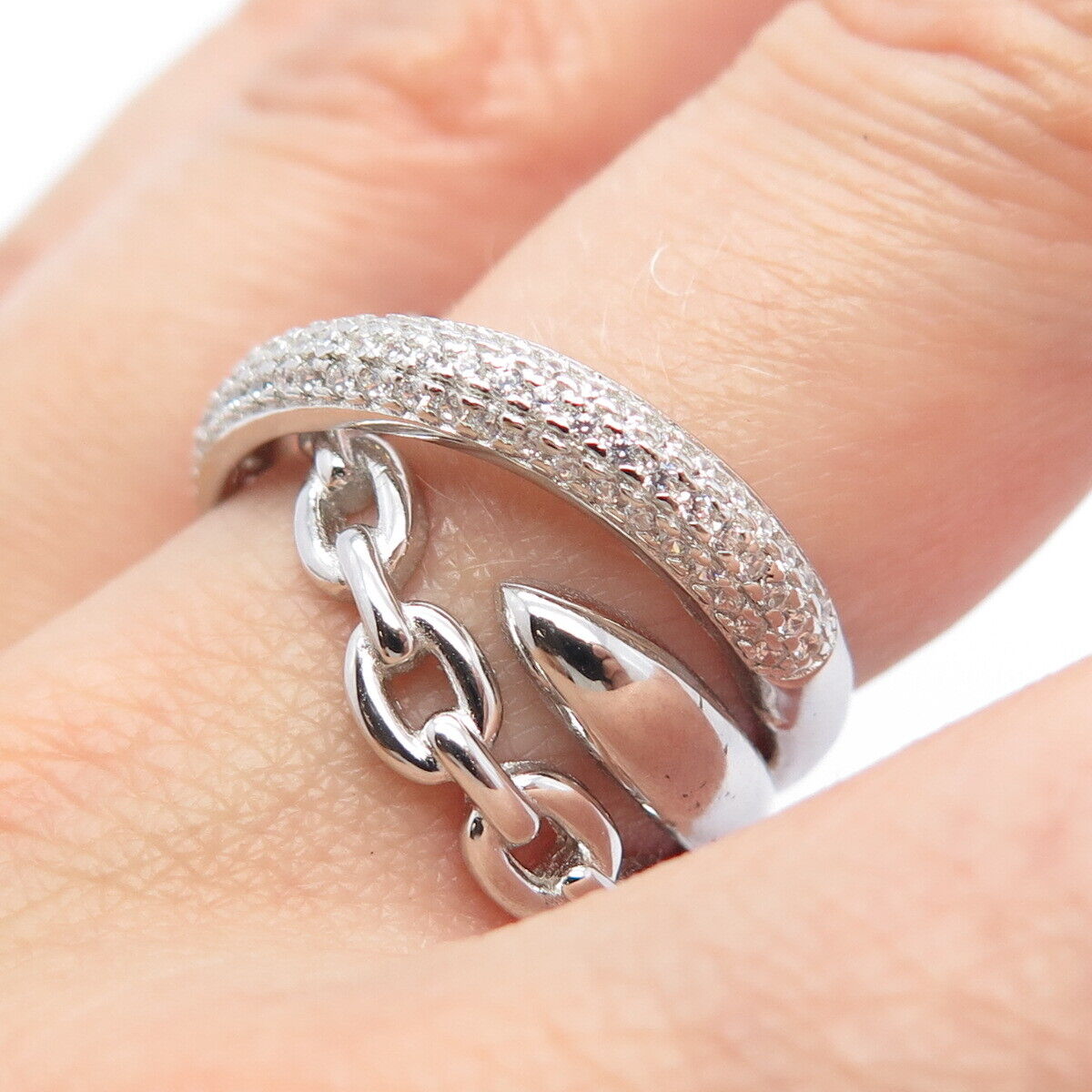 925 Sterling Silver Pave C Z Chain Crossover Ring Size 7