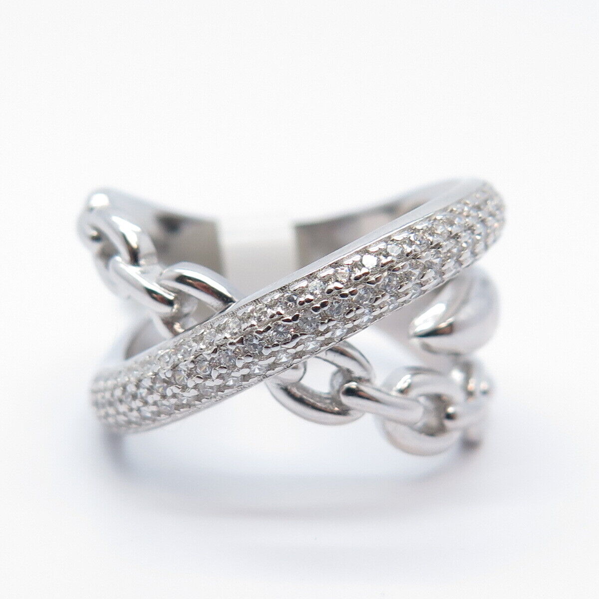 925 Sterling Silver Pave C Z Chain Crossover Ring Size 7