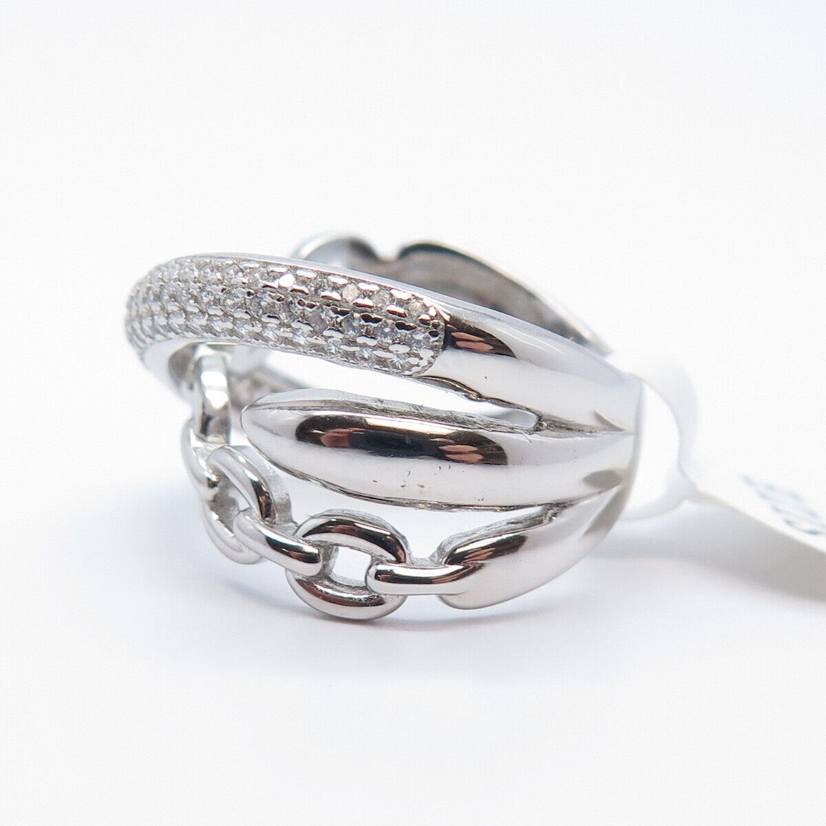 925 Sterling Silver Pave C Z Chain Crossover Ring Size 7