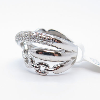 925 Sterling Silver Pave C Z Chain Crossover Ring Size 7