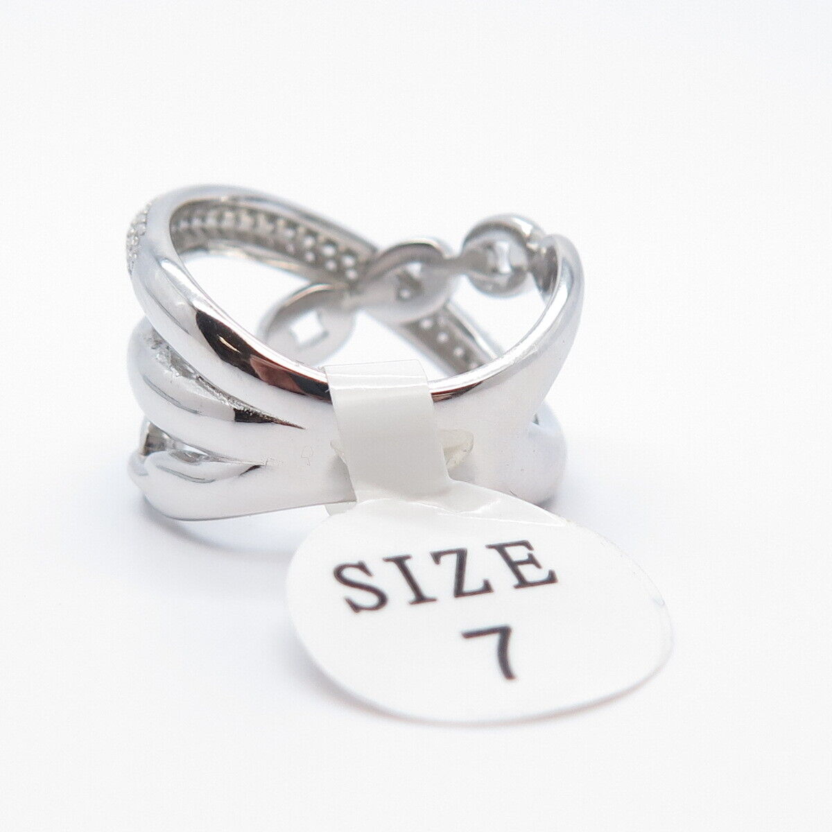 925 Sterling Silver Pave C Z Chain Crossover Ring Size 7