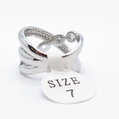 925 Sterling Silver Pave C Z Chain Crossover Ring Size 7
