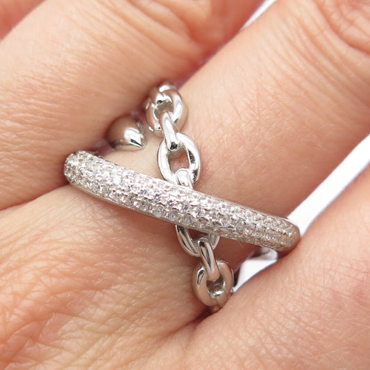 925 Sterling Silver Pave C Z Chain Crossover Ring Size 8