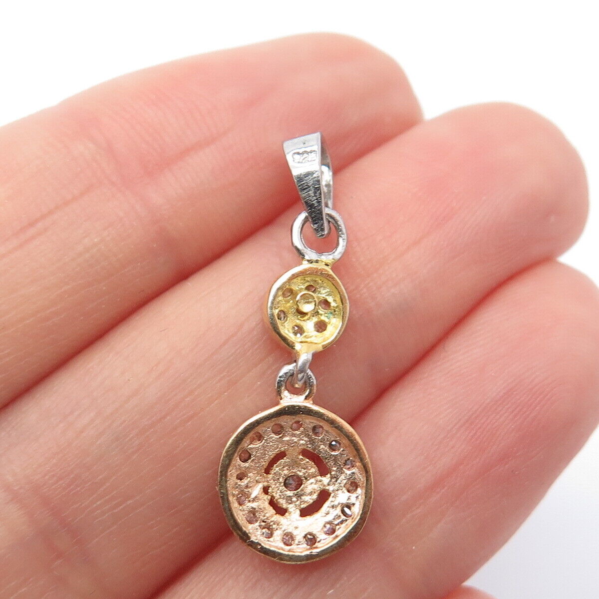 925 Sterling Silver 3-Tone C Z Double Circle Dangling Charm Pendant