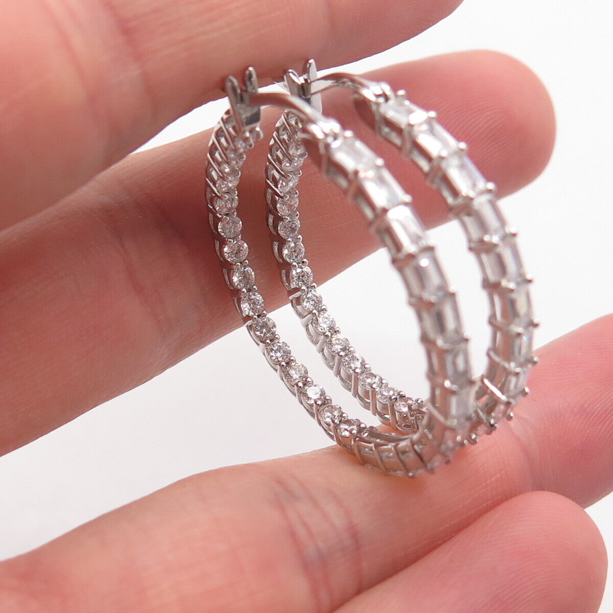 925 Sterling Silver C Z In and Out Round Hoop Earrings