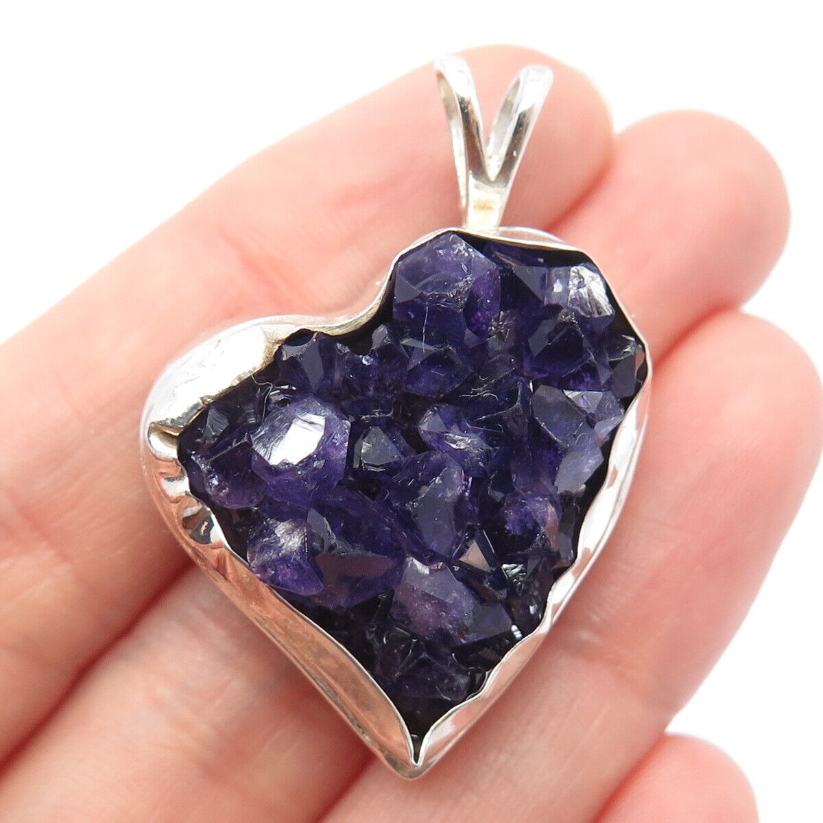 925 Sterling Silver Vintage Real Amethyst Gemstone Heart Pendant