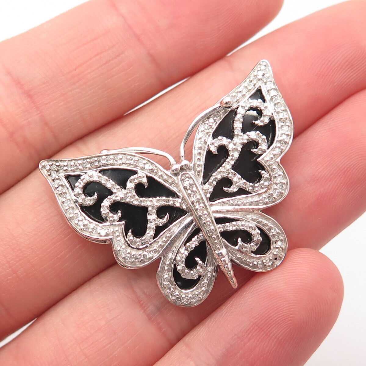 925 Sterling Silver Real White Diamond Butterfly Ornate Slide Pendant