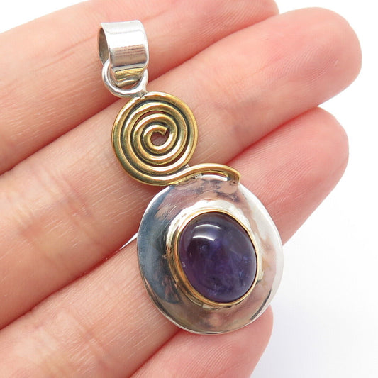 925 Sterling Silver 2-Tone Vintage Real Amethyst Gem Swirl Oval Pendant