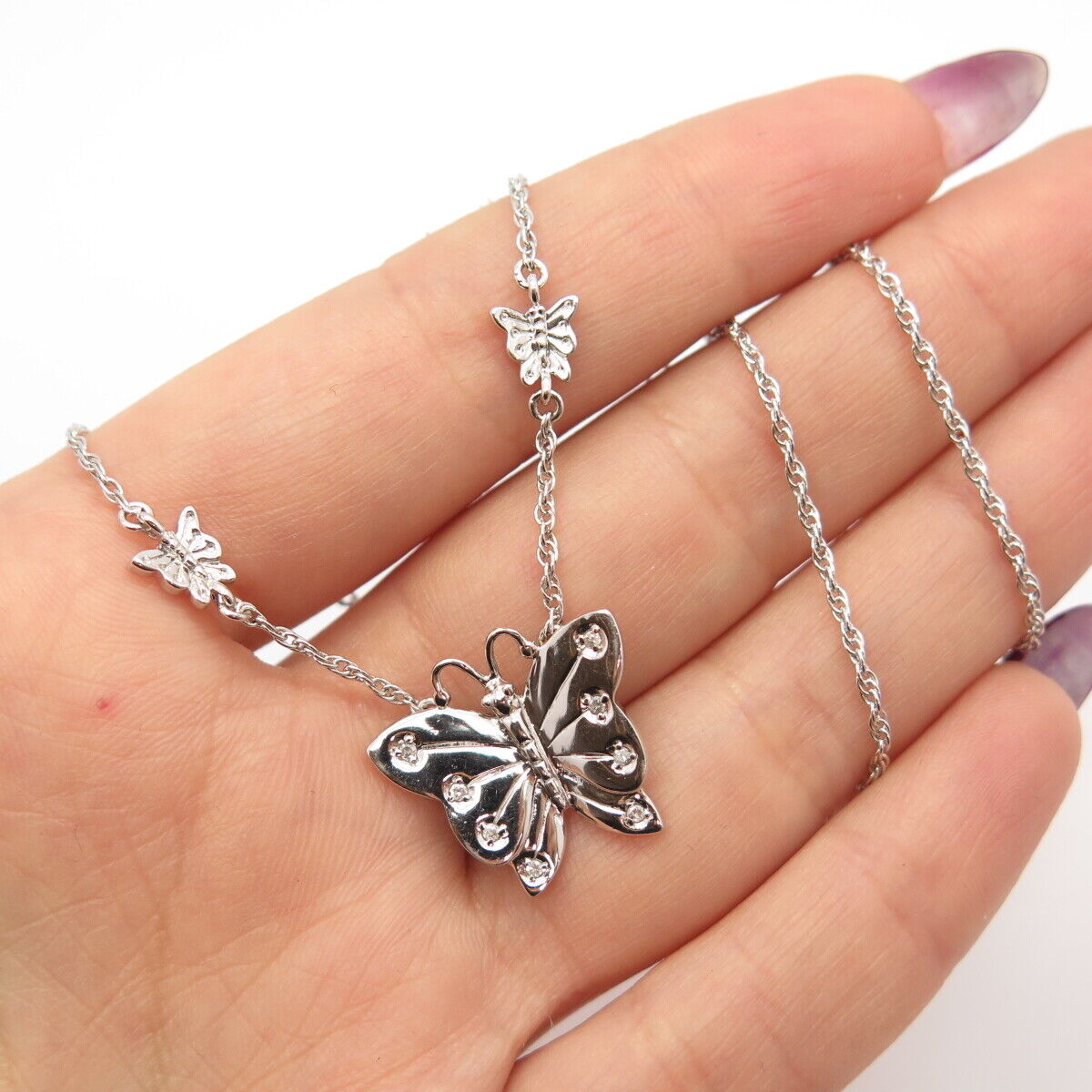 925 Sterling Silver White Diamond Butterfly Prince-Of-Wales Chain Necklace 20"