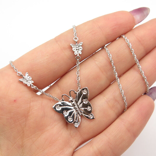 925 Sterling Silver White Diamond Butterfly Prince-Of-Wales Chain Necklace 20"