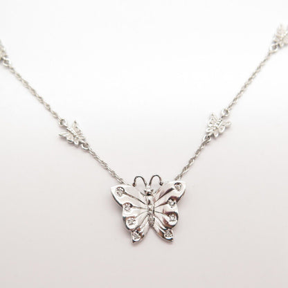 925 Sterling Silver White Diamond Butterfly Prince-Of-Wales Chain Necklace 20"