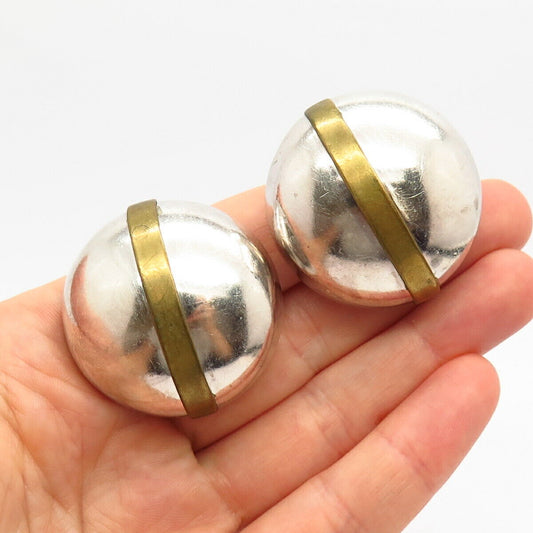 925 Sterling Silver 2-Tone Vintage Mexico Hollow Clip On Earrings