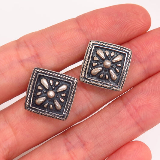 925 Sterling Silver Rhombus Ornate Design Earrings