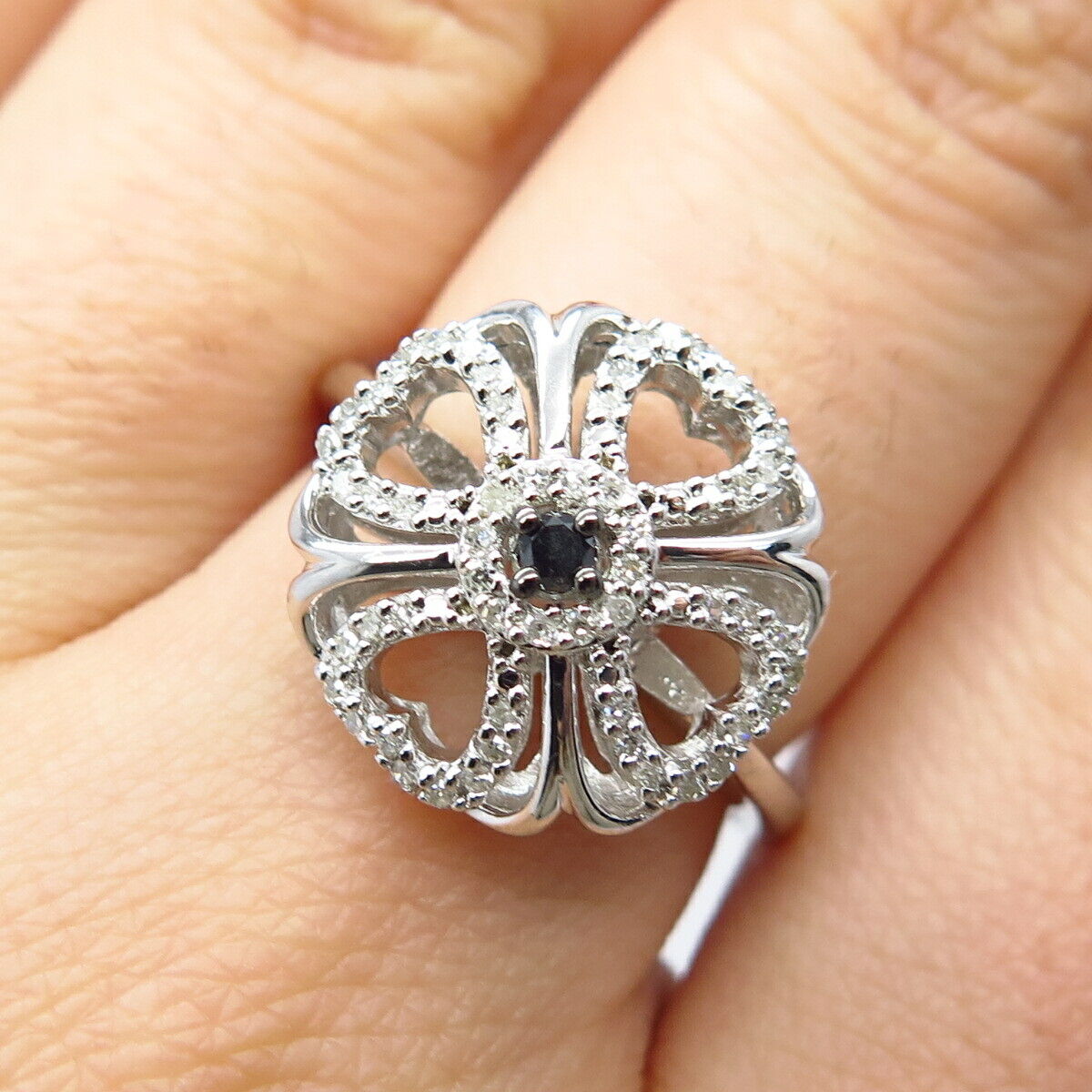 925 Sterling Silver SUN Real White & Black Diamond Floral Ring Size 7