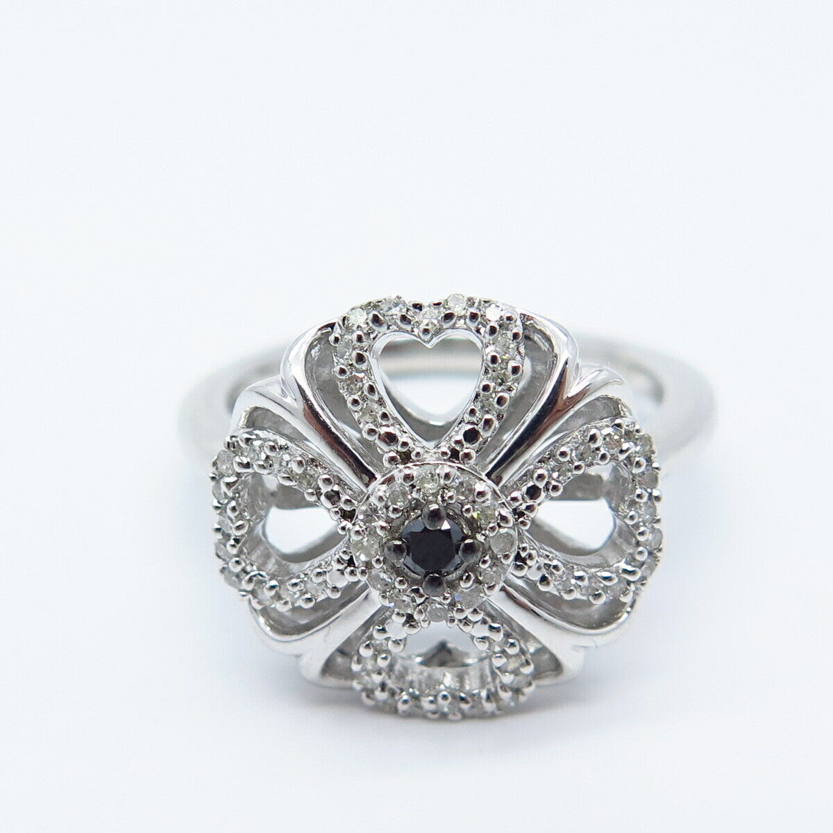 925 Sterling Silver SUN Real White & Black Diamond Floral Ring Size 7