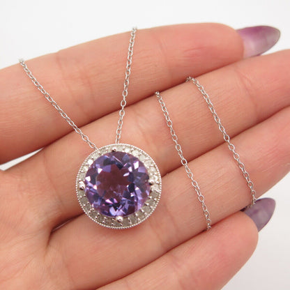 925 Sterling Silver SVI Real White Diamond Amethyst Gem Rolo Chain Necklace 15"