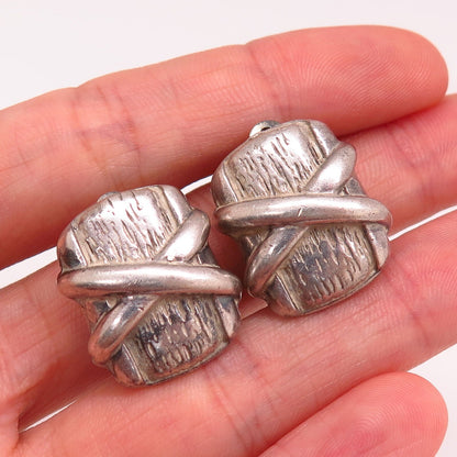 925 Sterling Silver Vintage Textured Crossover Design Clip On Earrings