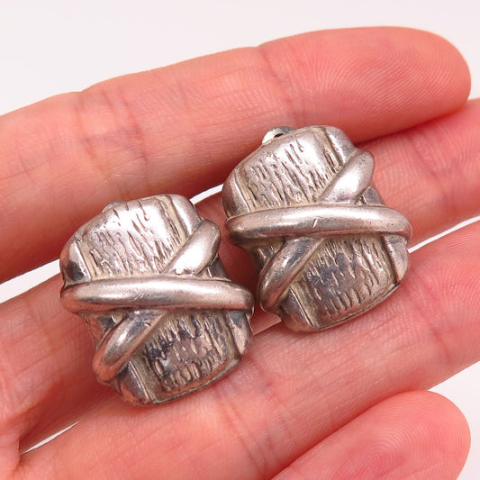 925 Sterling Silver Vintage Textured Crossover Design Clip On Earrings