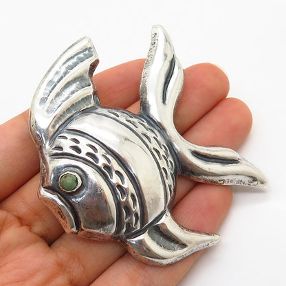 925 Sterling Silver Antique Mexico Turquoise Gem Tropical Fish Hollow Pin Brooch