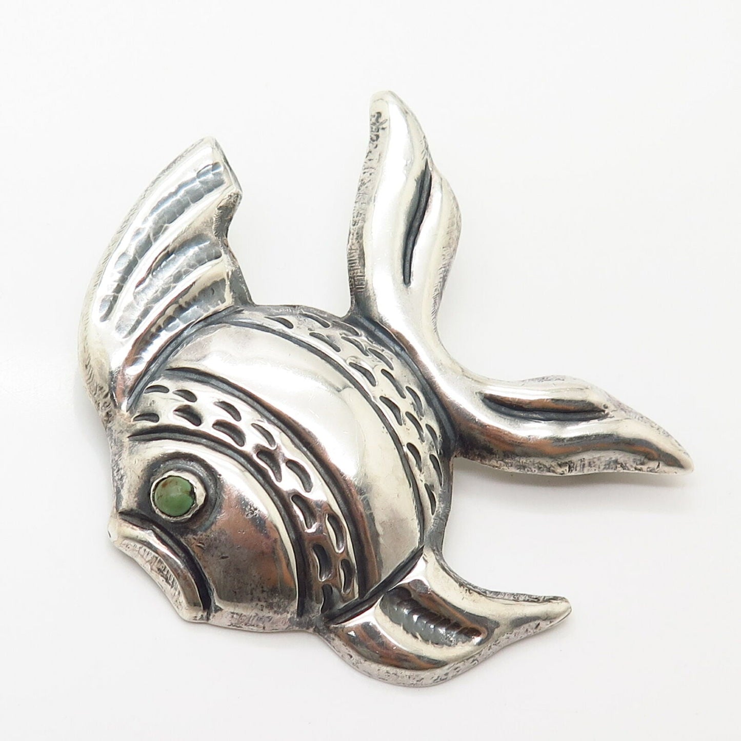 925 Sterling Silver Antique Mexico Turquoise Gem Tropical Fish Hollow Pin Brooch