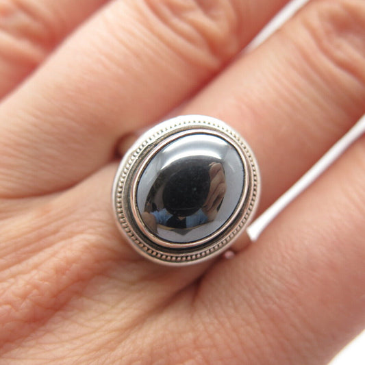 925 Sterling Silver Vintage Real Hematite Gem Oval Ring Size 8.75