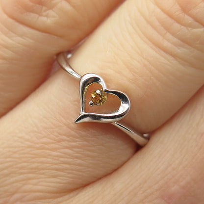 925 Sterling Silver Citrine Gemstone Open Heart Design Ring