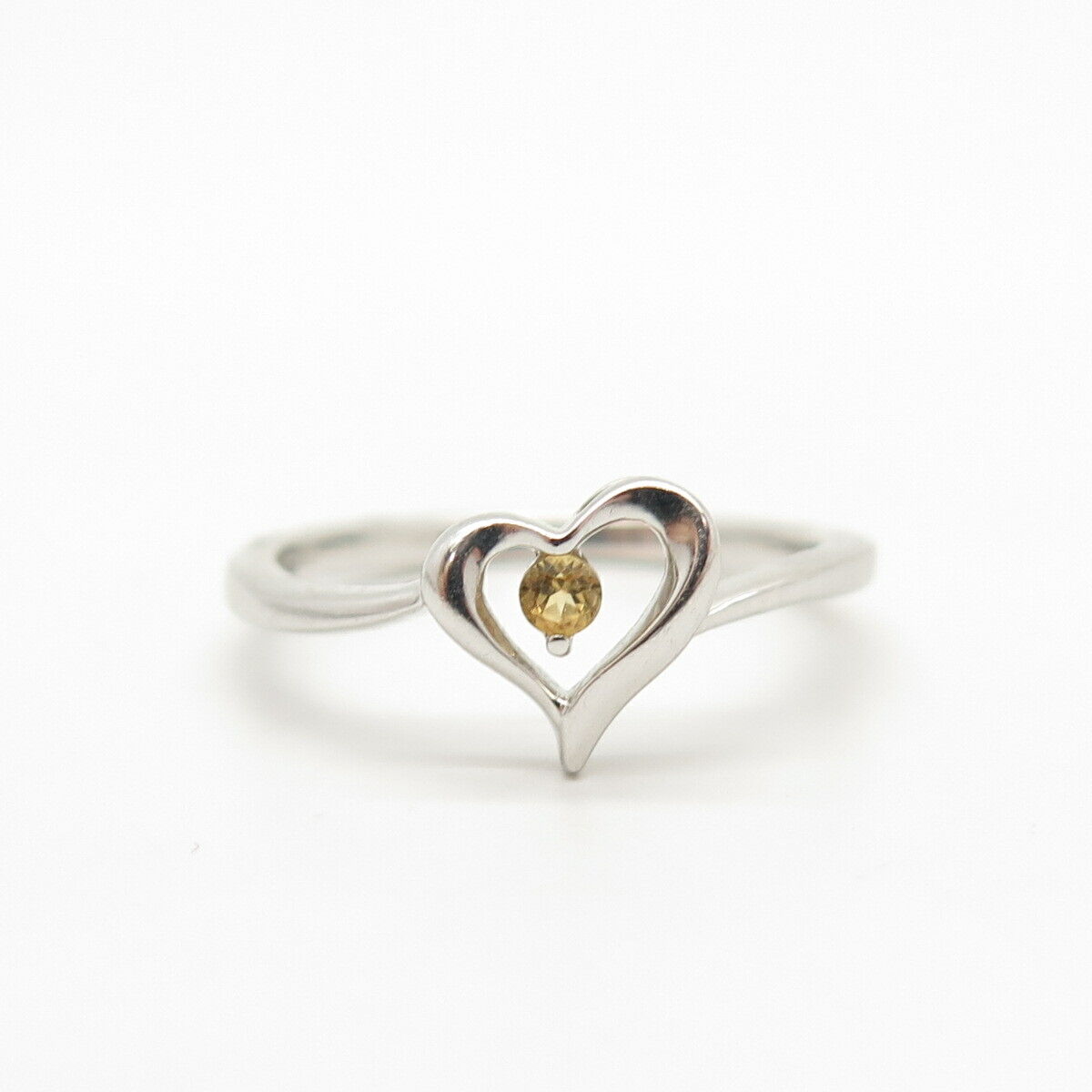 925 Sterling Silver Citrine Gemstone Open Heart Design Ring