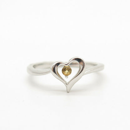 925 Sterling Silver Citrine Gemstone Open Heart Design Ring