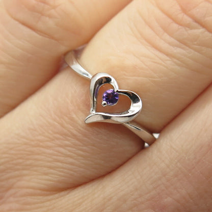 925 Sterling Silver Amethyst Gemstone Open Heart Design Ring