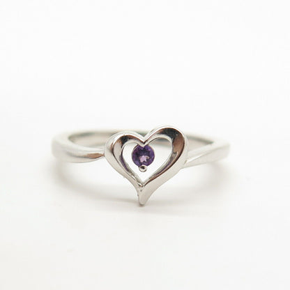 925 Sterling Silver Amethyst Gemstone Open Heart Design Ring