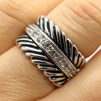 925 Sterling Silver C Z Ribbed Design Band Ring Size 6.5