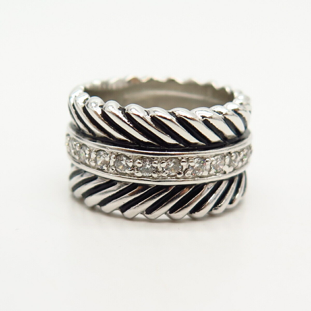 925 Sterling Silver C Z Ribbed Design Band Ring Size 6.5